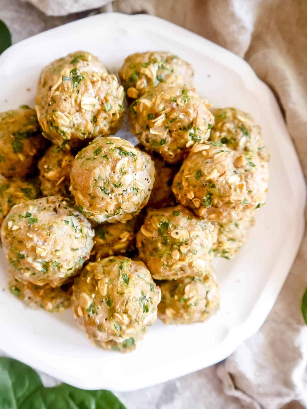 Turkey and spinach meatballs on plate.