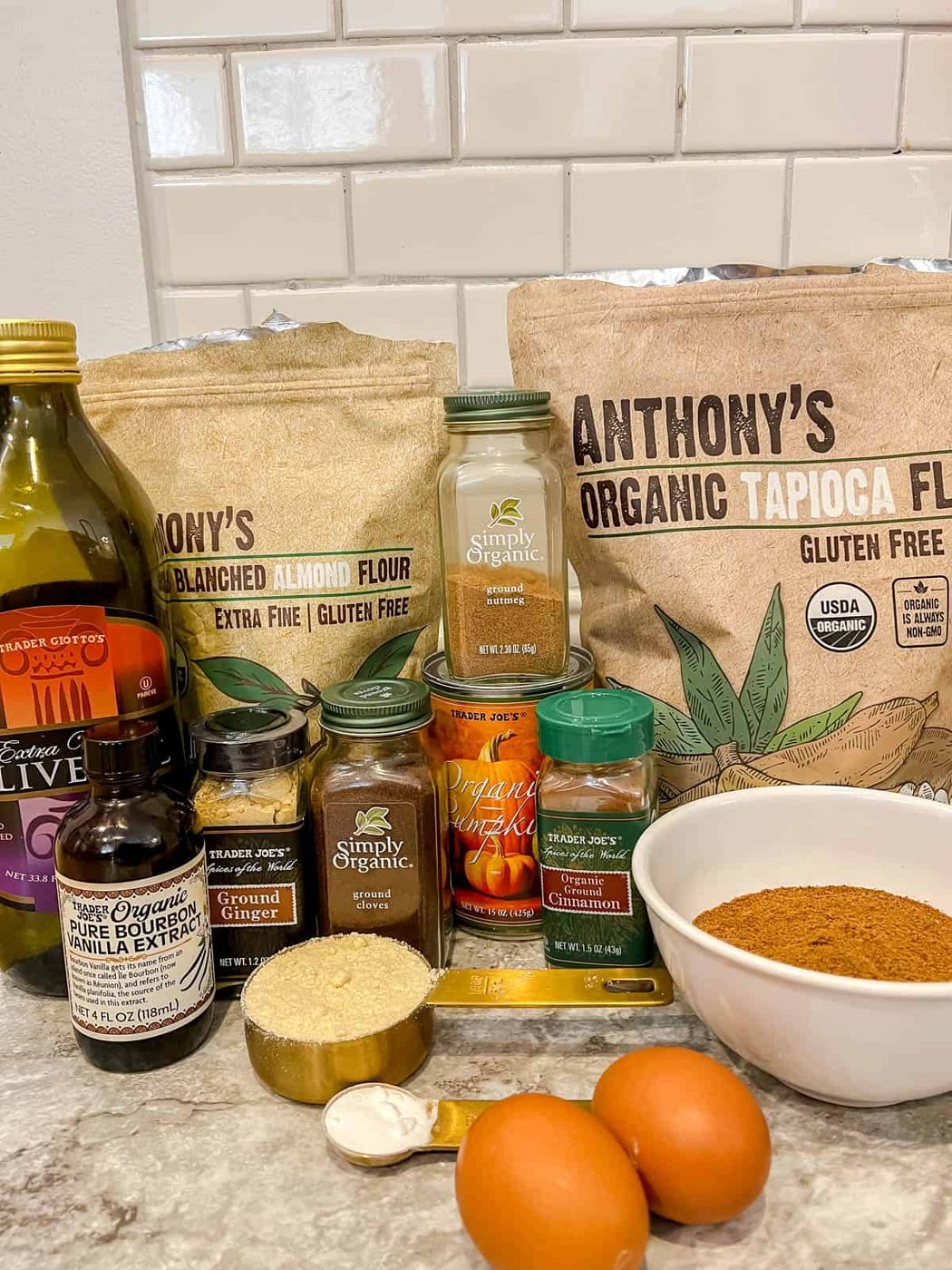 Ingredients needed for Paleo pumpkin muffins.