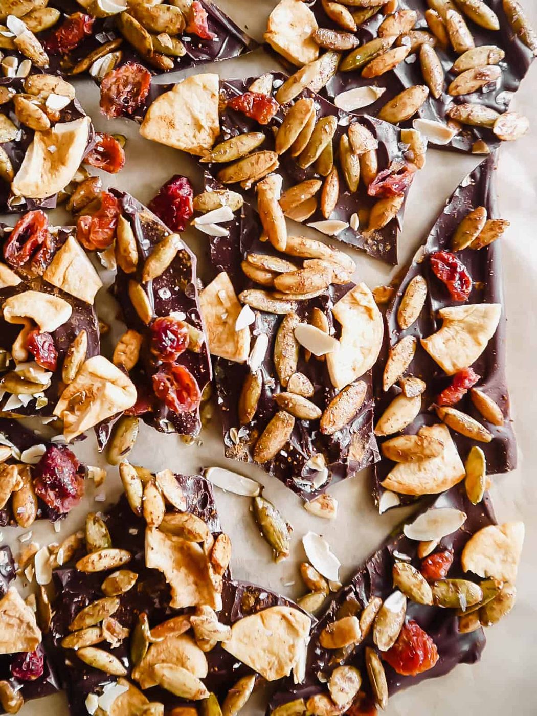 Cut up pieces of Fall chocolate bark dessert.