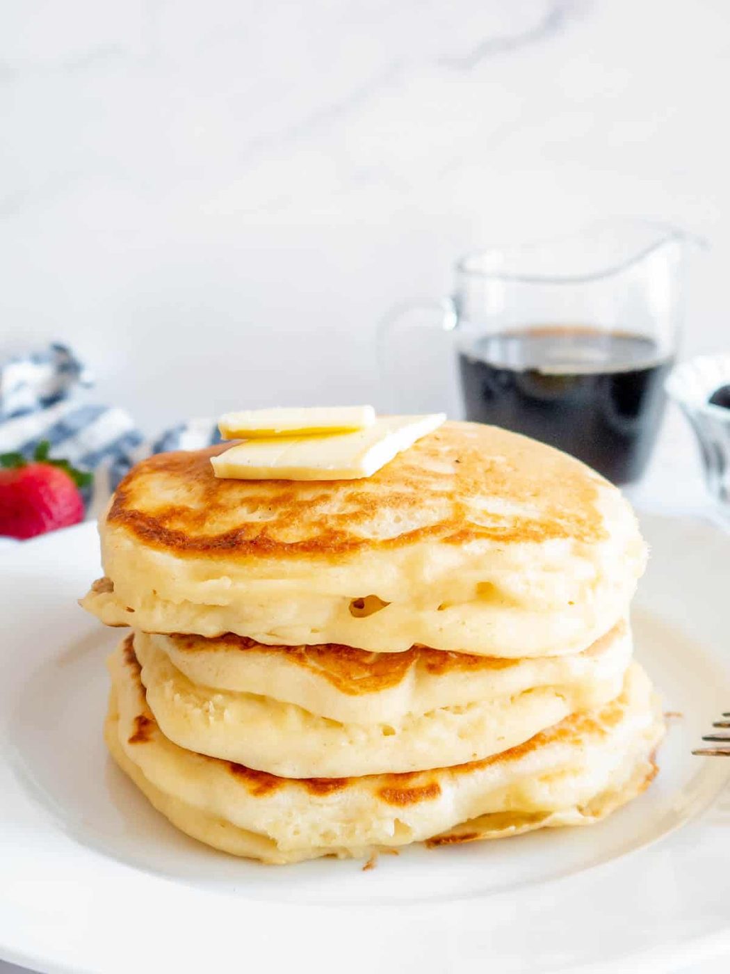 Greek yogurt protein pancakes stacked on top of each other.