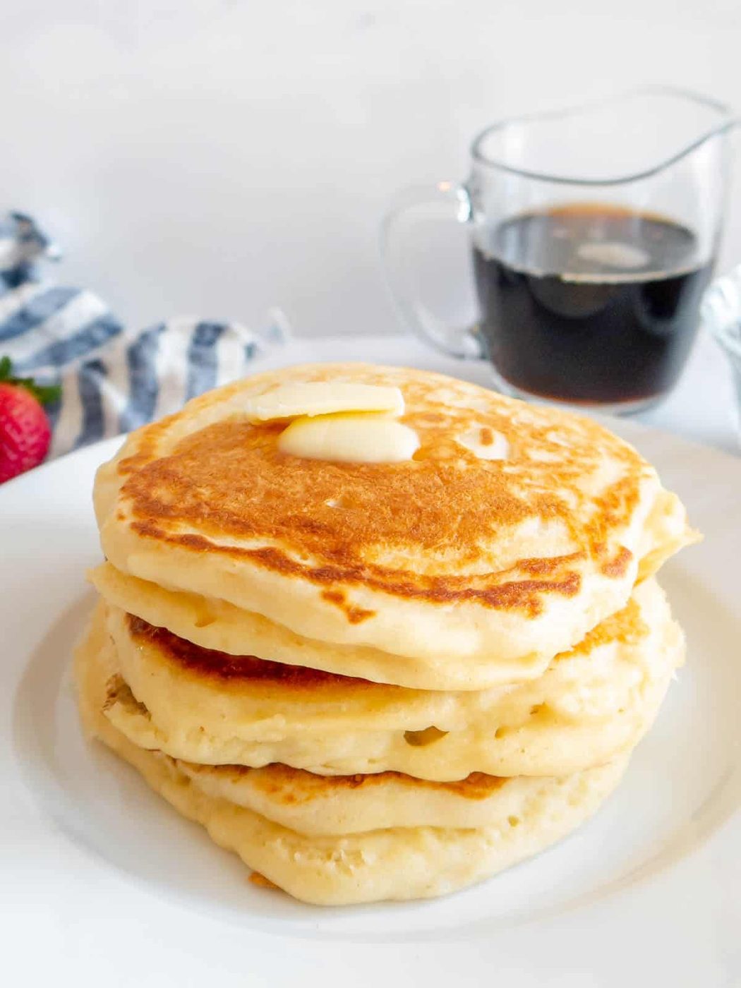 High protein pancakes stacked on top of each other.