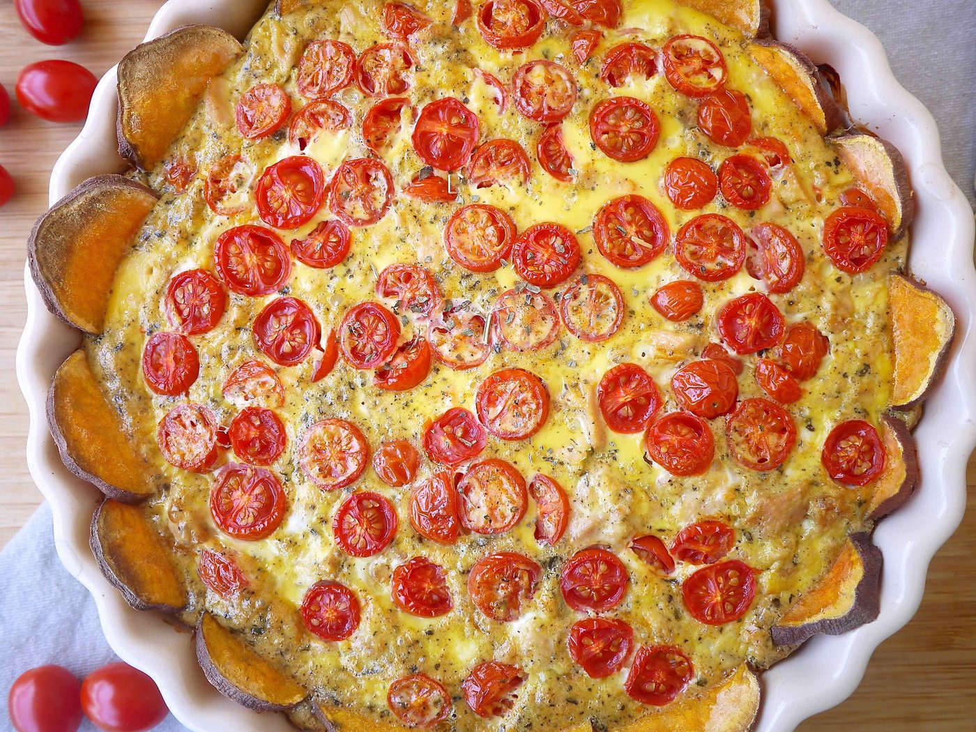 Freshly baked french tuna quiche hot out of the oven.