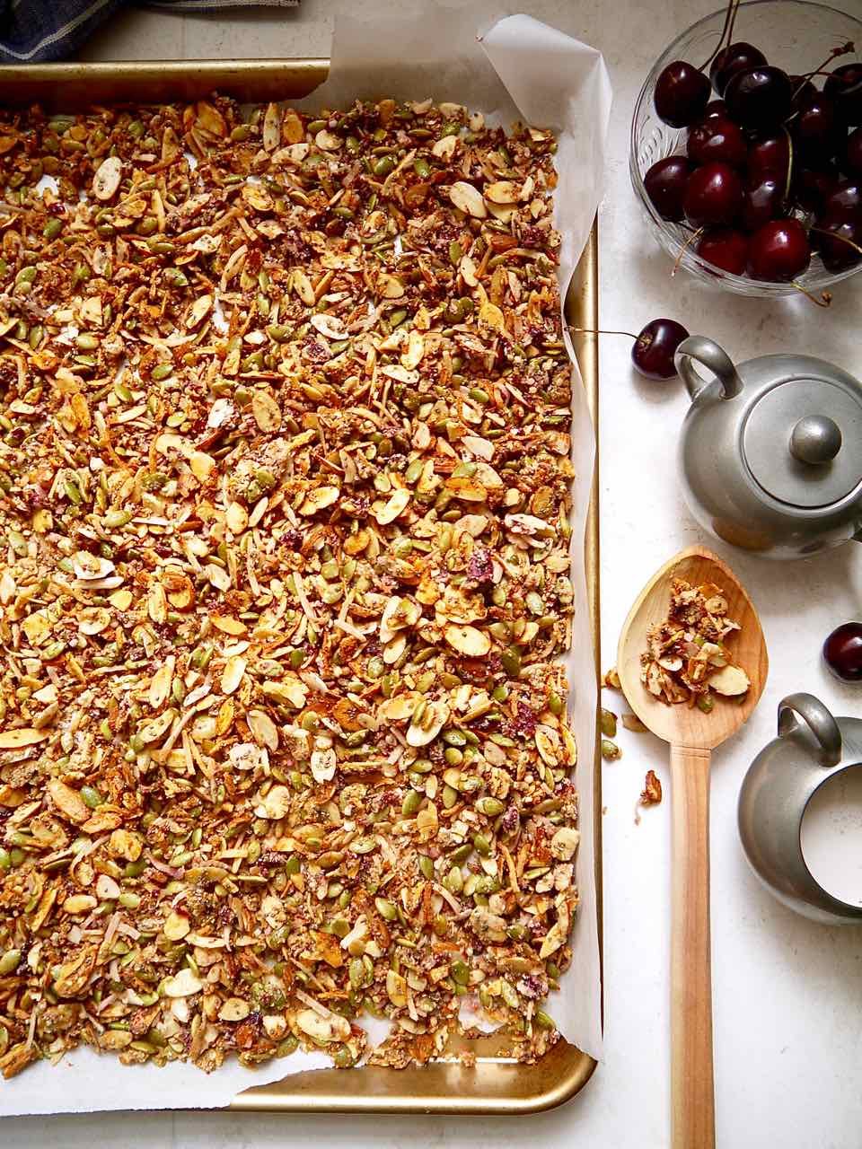 Cherry granola on a pan.