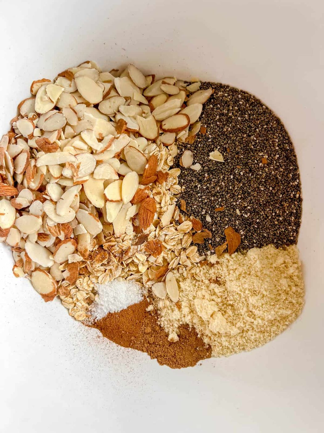 All ingredients for chia seed granola in a bowl.