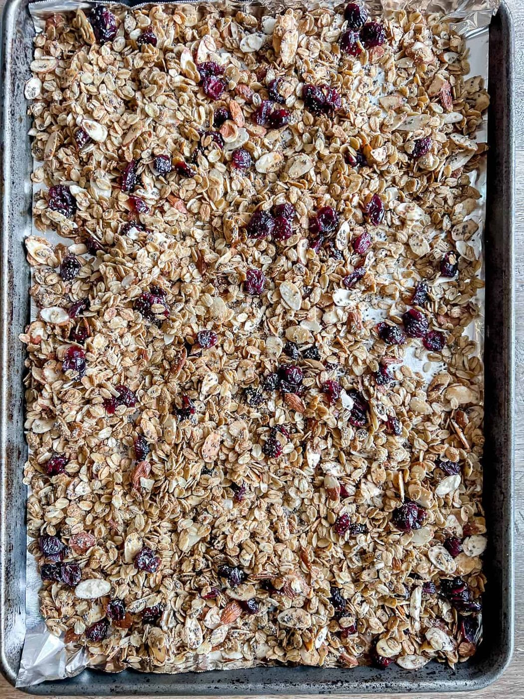 Granola with almonds and chia seeds with cranberries added.