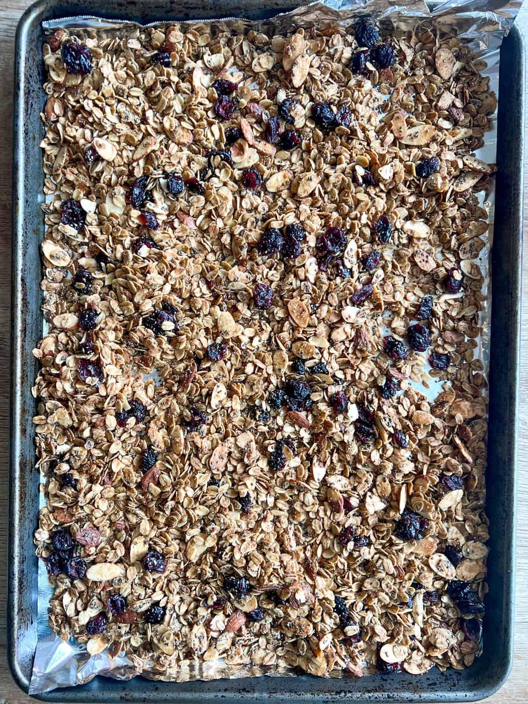 Granola with almonds and chia seeds after baking.