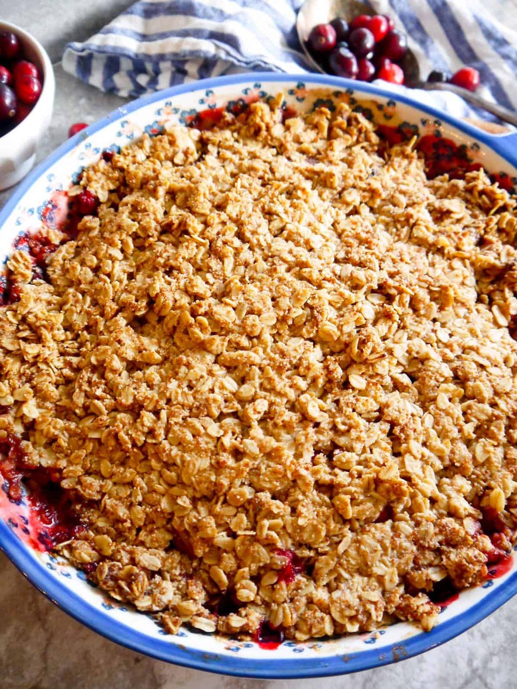 Freshly baked pear and cranberry crisp.