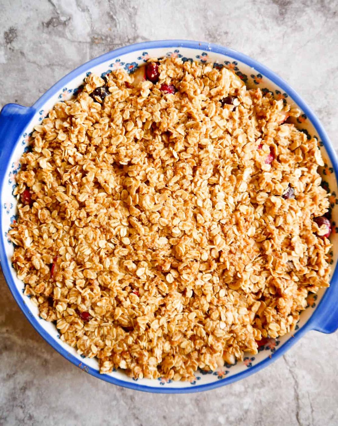 Gluten-free Pear Cranberry Oatmeal Crisp before baking.
