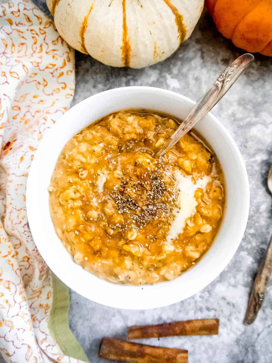 Collagen oatmeal made with pumpkin puree and cinnamon.