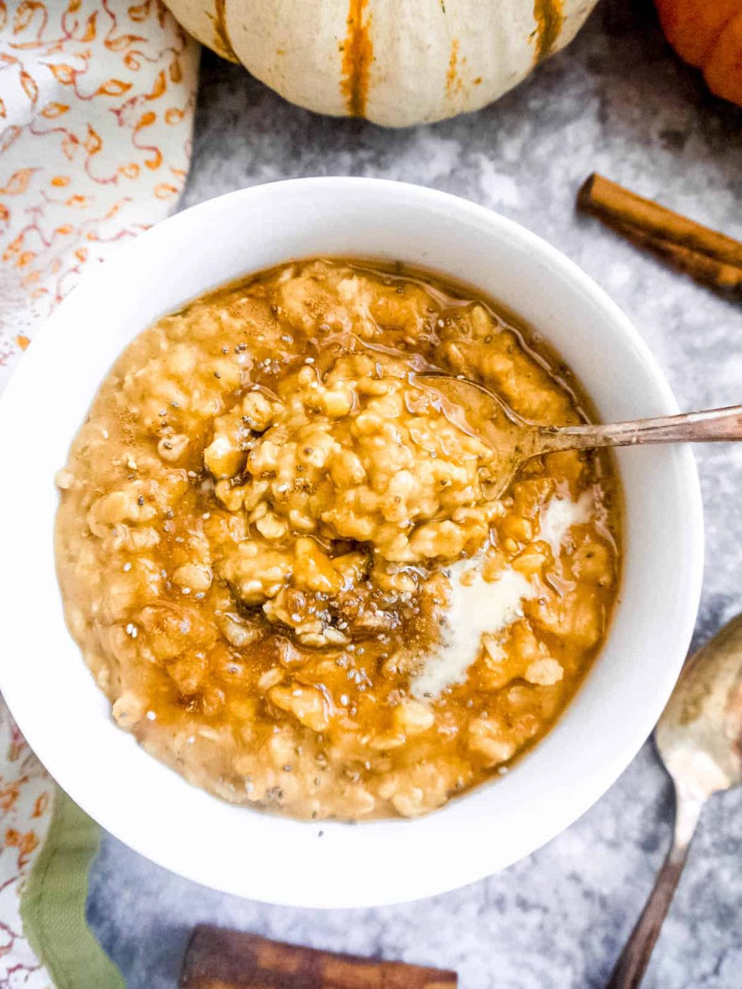 Pumpkin oatmeal recipe made with collagen and almond milk.