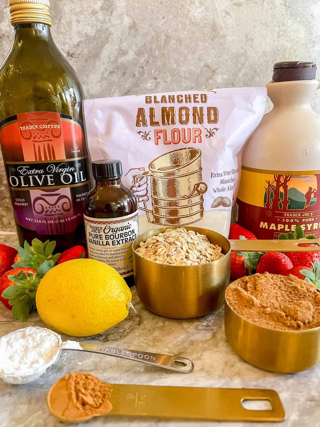 Ingredients needed to make gluten-free strawberry crisp.
