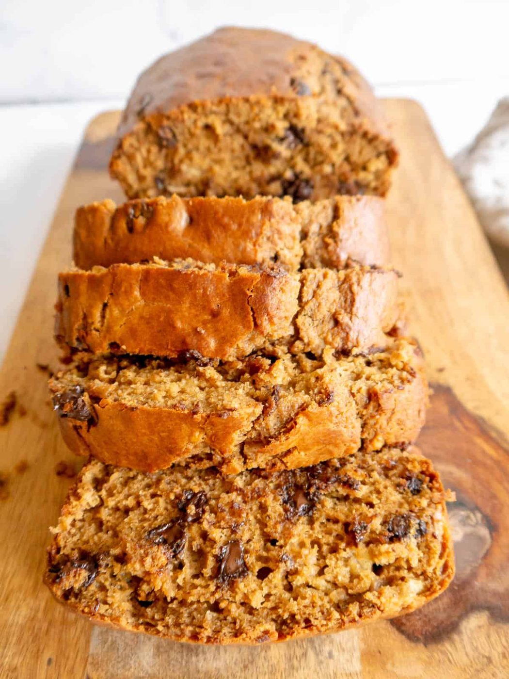 Chocolate chip banana bread made with greek yogurt sliced.