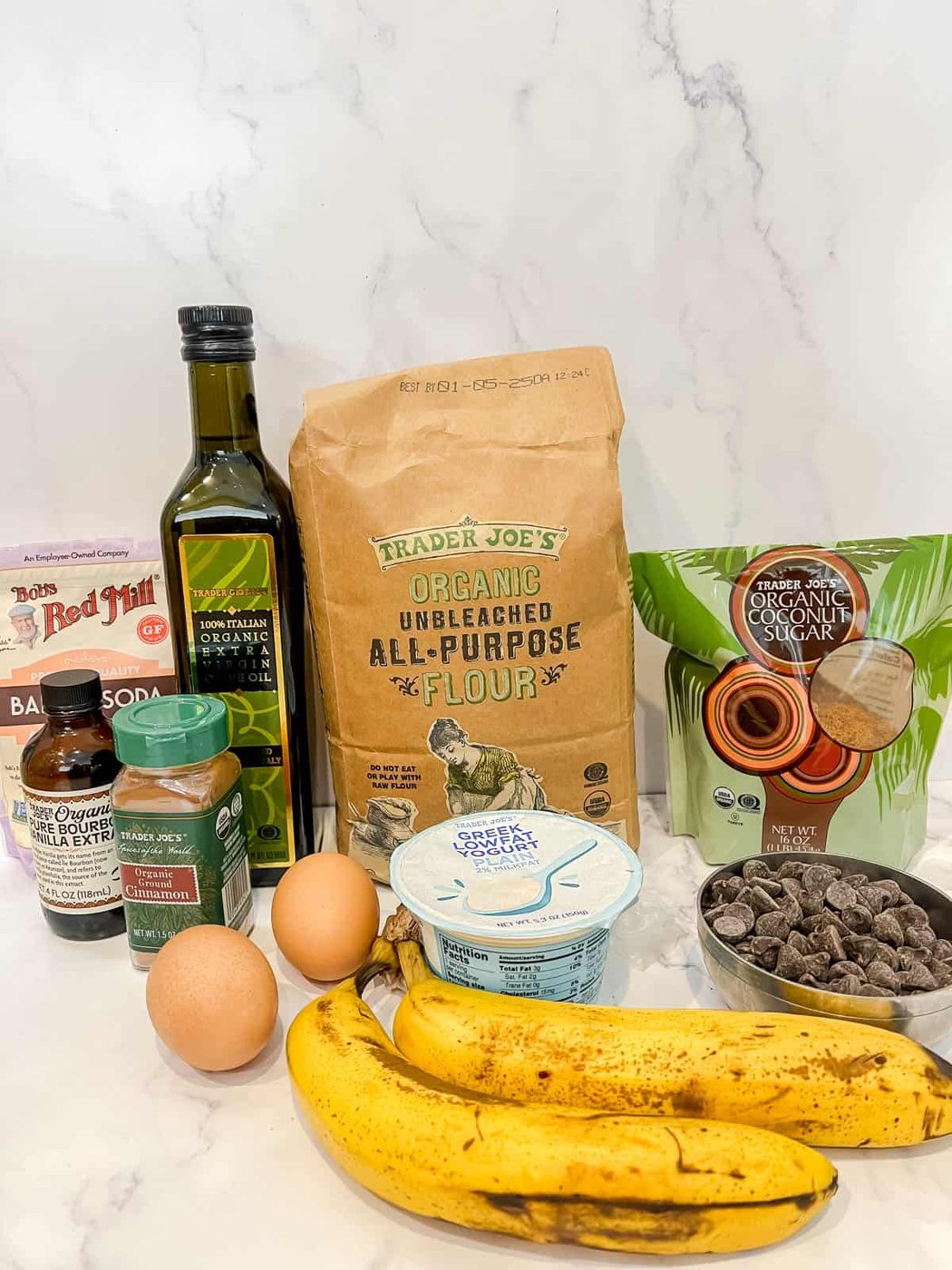 Ingredients needed to make greek yogurt banana bread.
