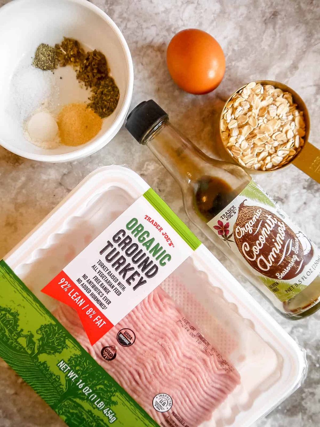 All ingredients needed to make these turkey oat meatballs.