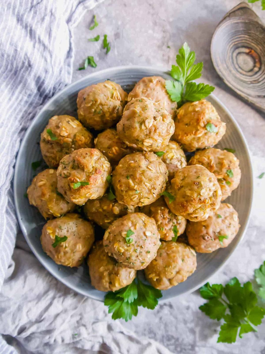 Aerial view of gluten-free turkey meatballs in a bowl.
