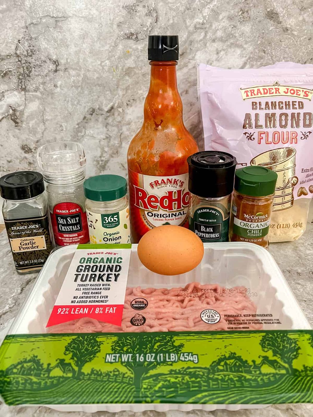 Ingredients needed to make lighter buffalo turkey meatballs.