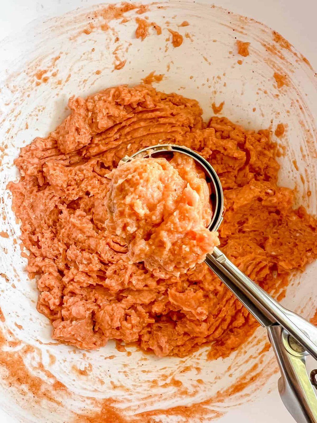 Buffalo turkey ingredients mixed and balls ready to be scooped out.