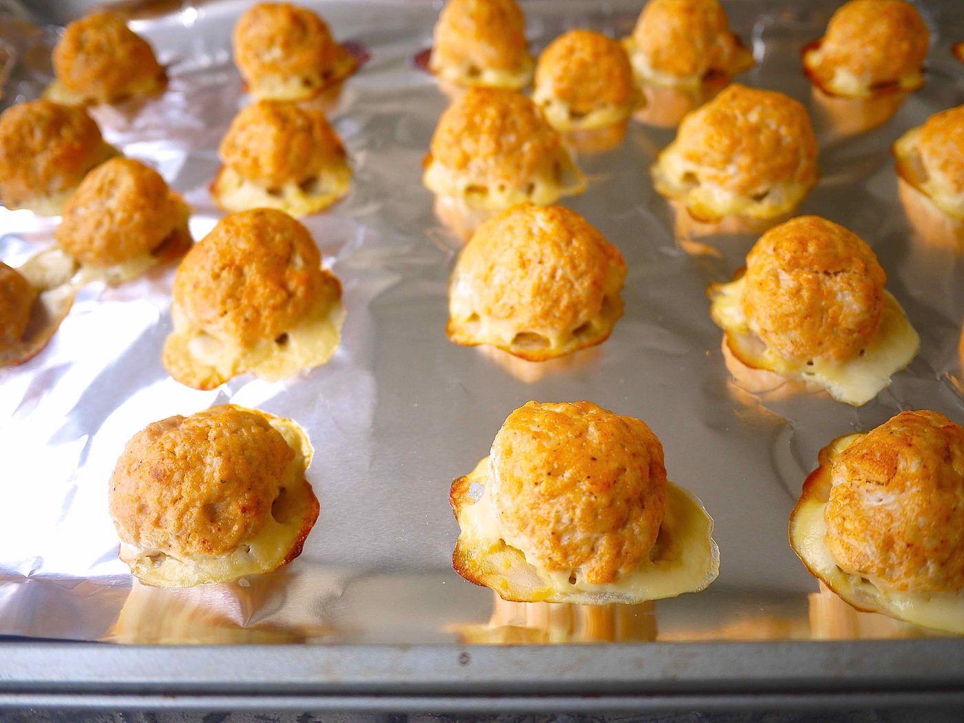 Lighter buffalo turkey meatballs freshly baked.