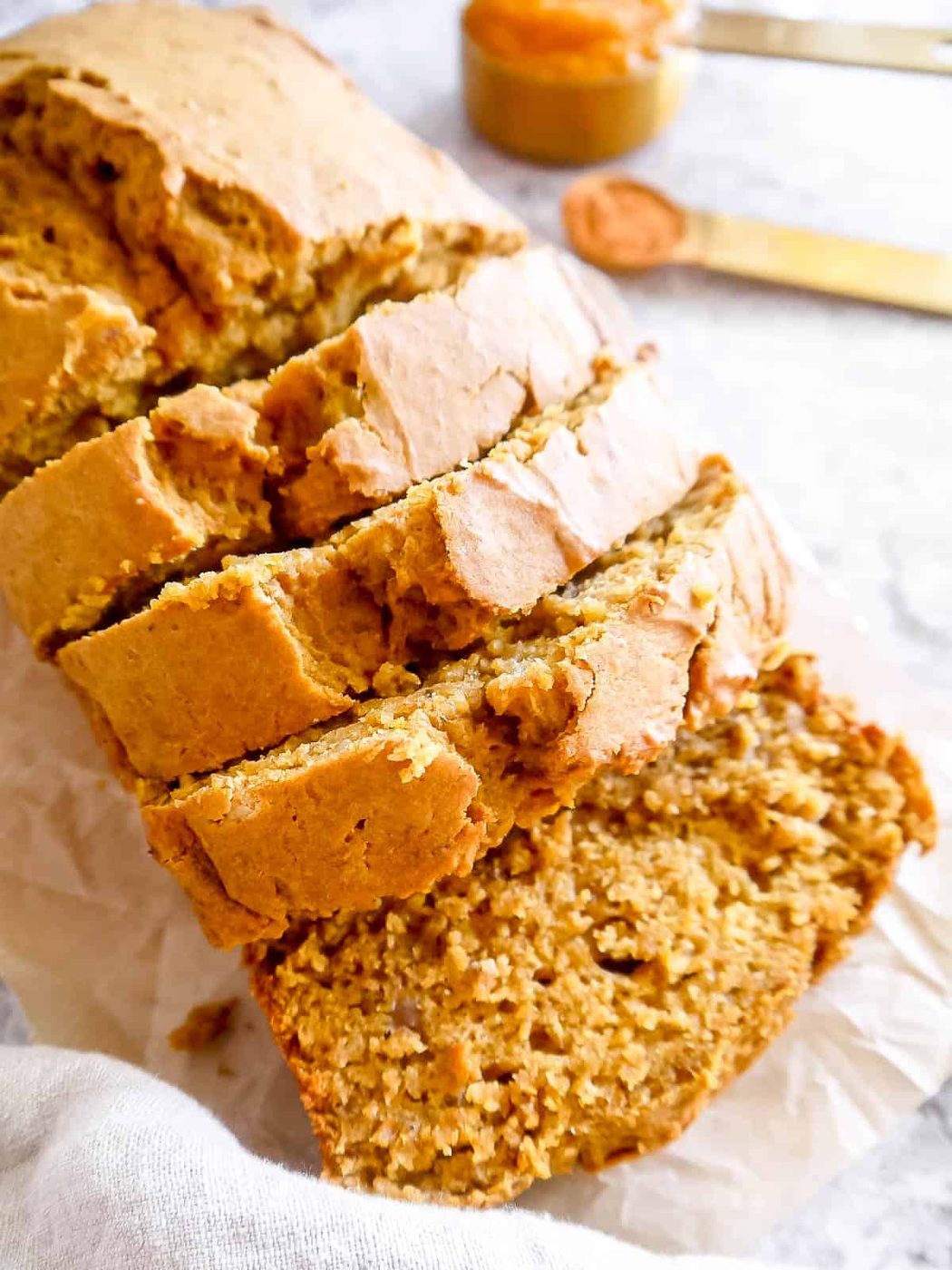 Side angle of lighter pumpkin banana bread recipe.