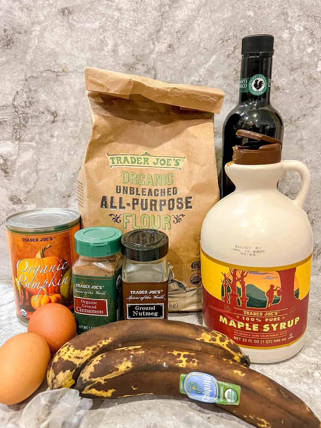 Ingredients needed to make lighter pumpkin banana bread.