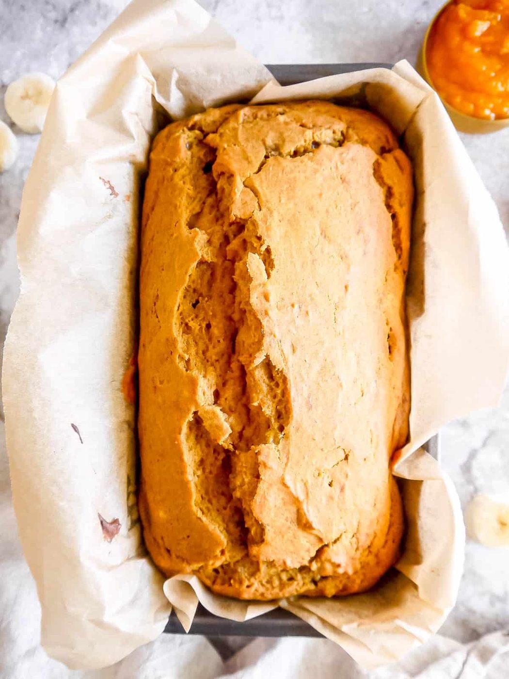 Pumpkin banana bread in pan after baking.