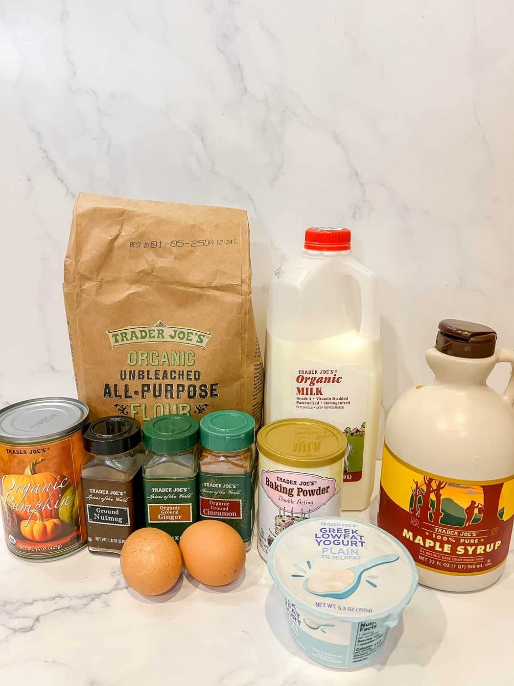 Ingredients needed to make lighter pumpkin pancakes.