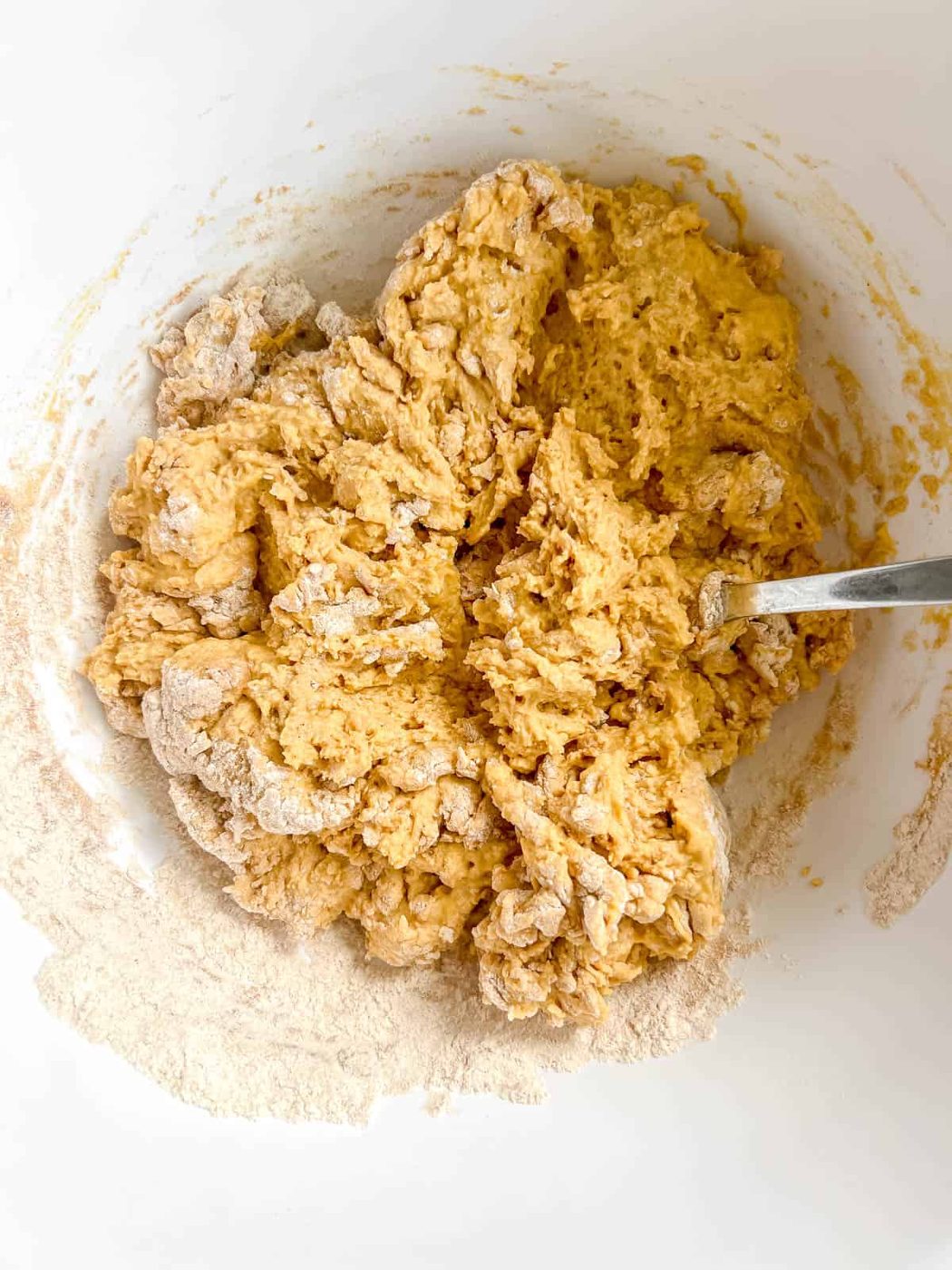 Wet and dry ingredients mixed together to make pumpkin pancakes.