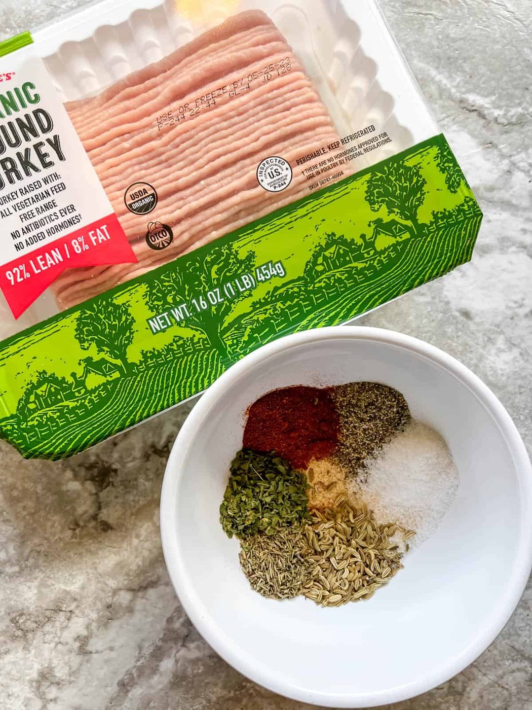 Ingredients needed to make lighter turkey sausage patties.