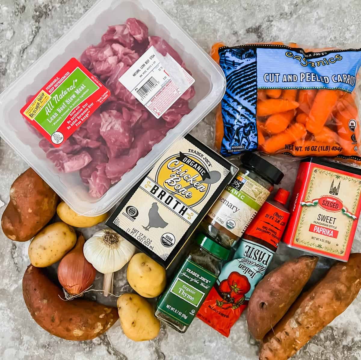 Ingredients needed to make Lighter Slow Cooker Hungarian Goulash Beef Stew.
