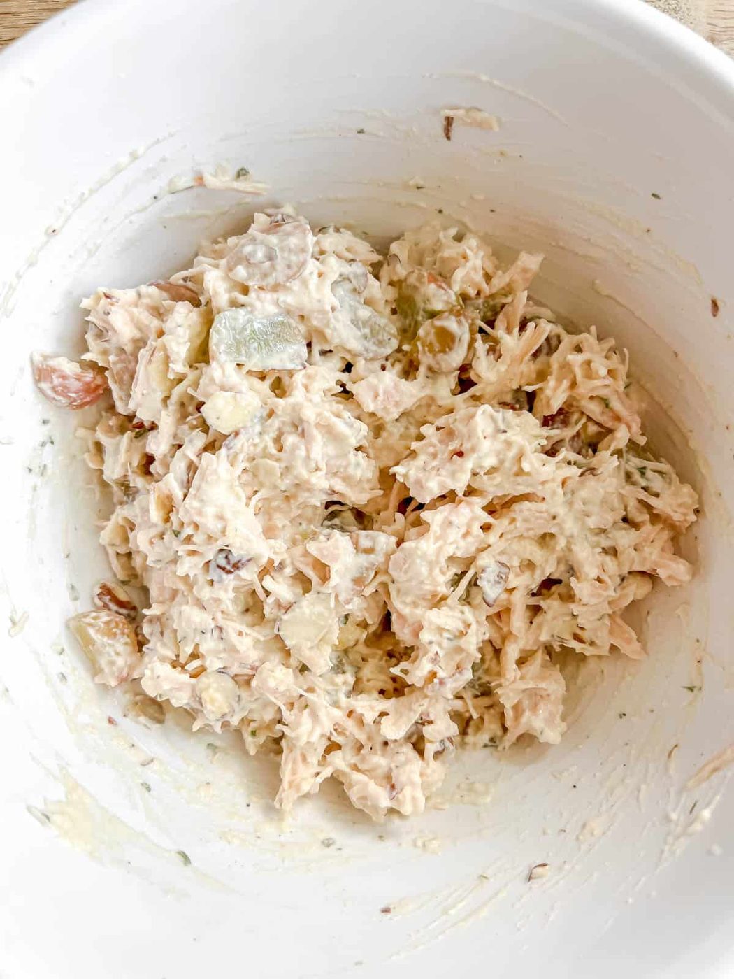 Grapes and almonds added to the high protein chicken salad.
