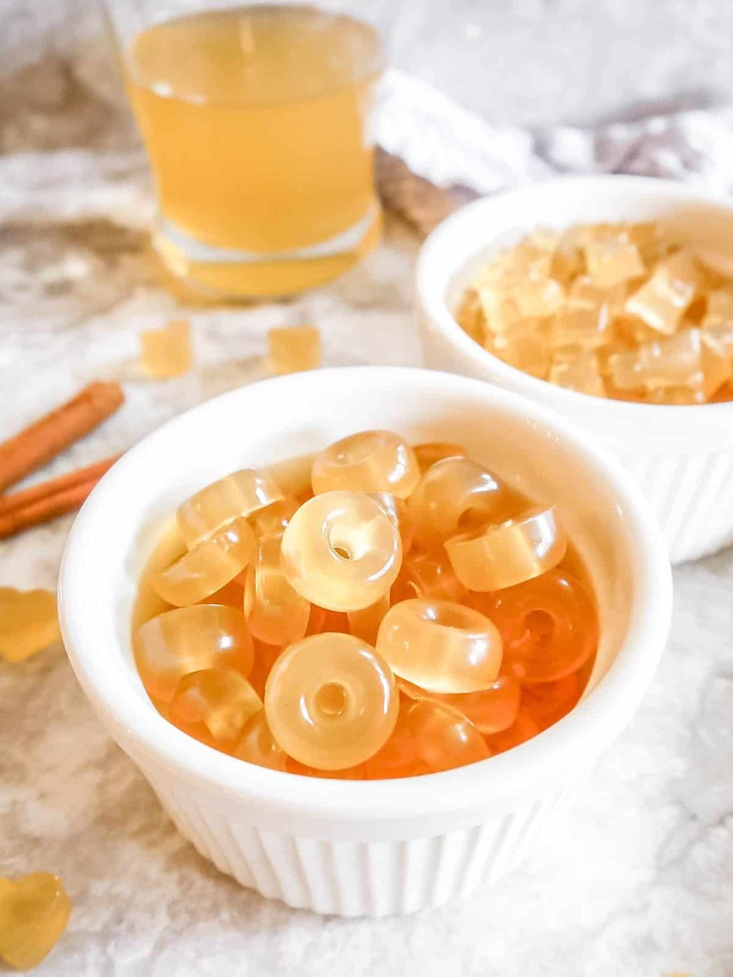 From-scratch gummy candy made with gelatin in two bowls.