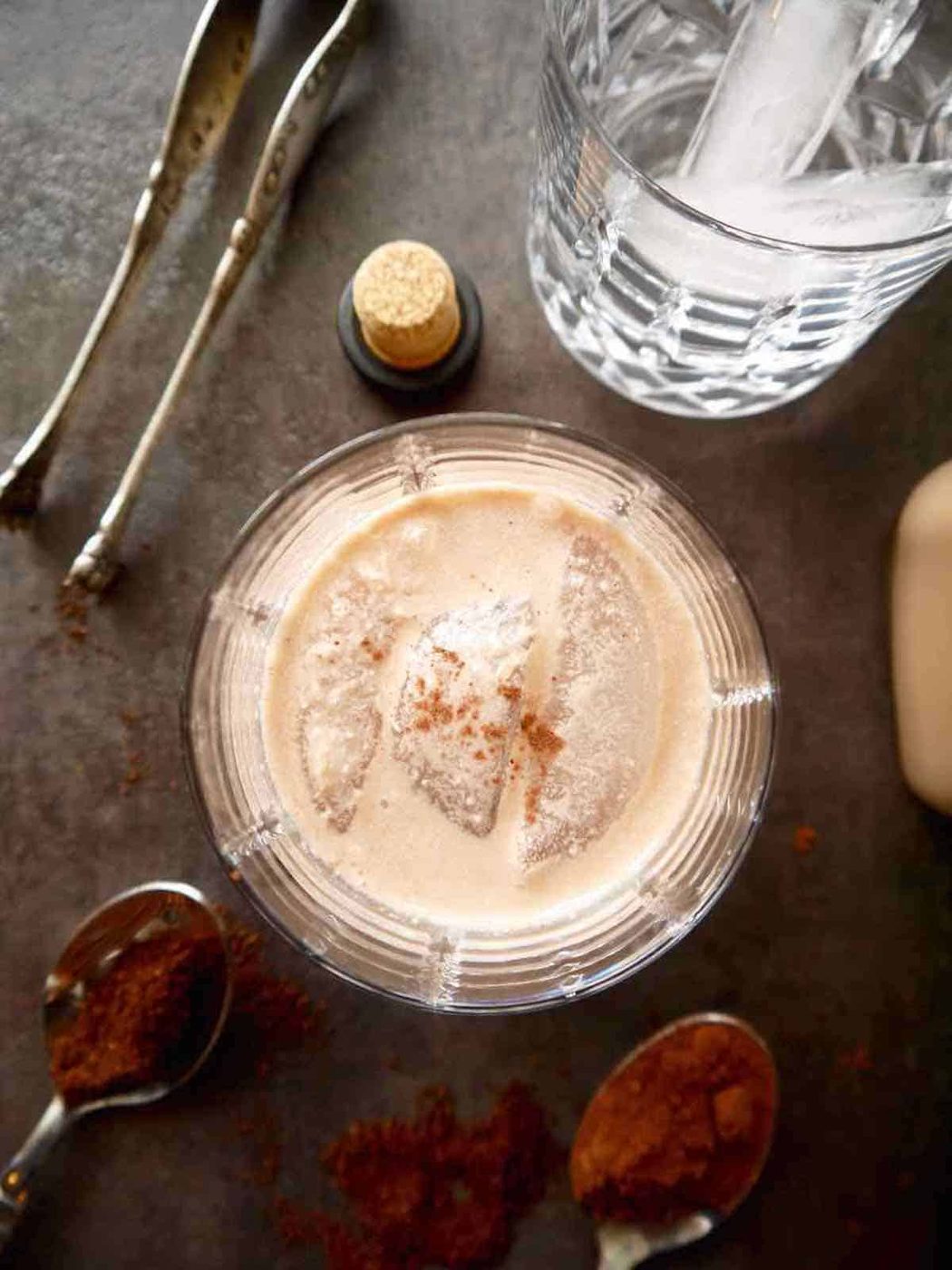 A glass of Irish cream liqueur aerial view.