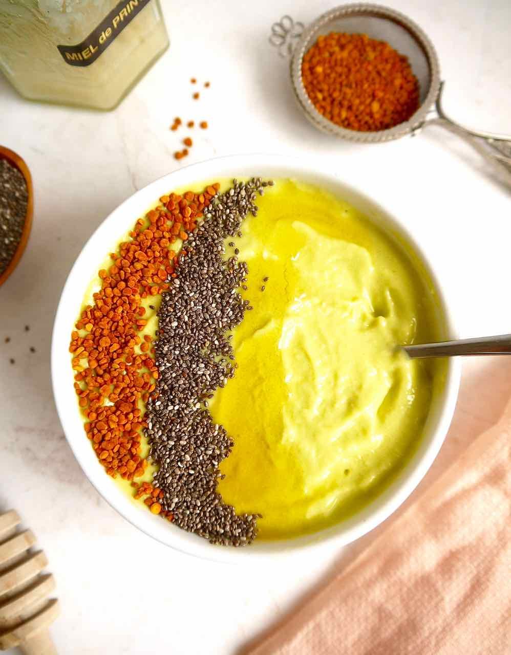 Honey Avocado Mango Smoothie Bowls with chia seeds and bee pollen.