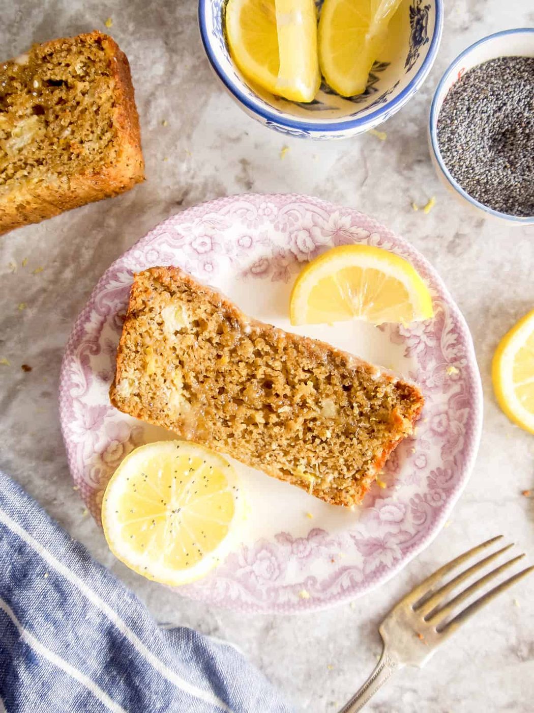 A slice of lemon poppyseed banana bread.