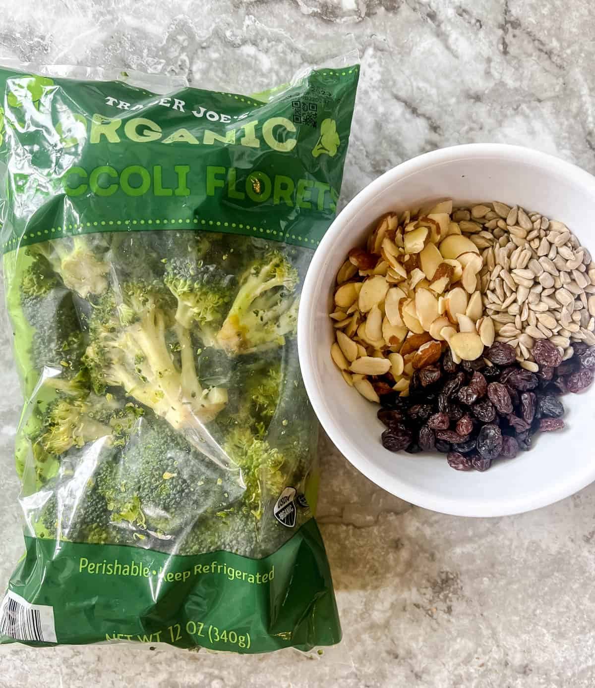 Ingredients needed to make lighter broccoli salad.
