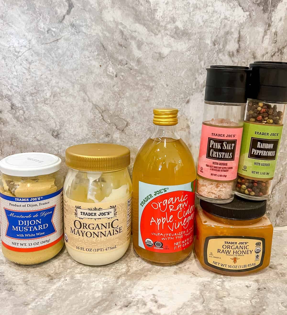 Ingredients needed to make the dressing for lighter broccoli salad.