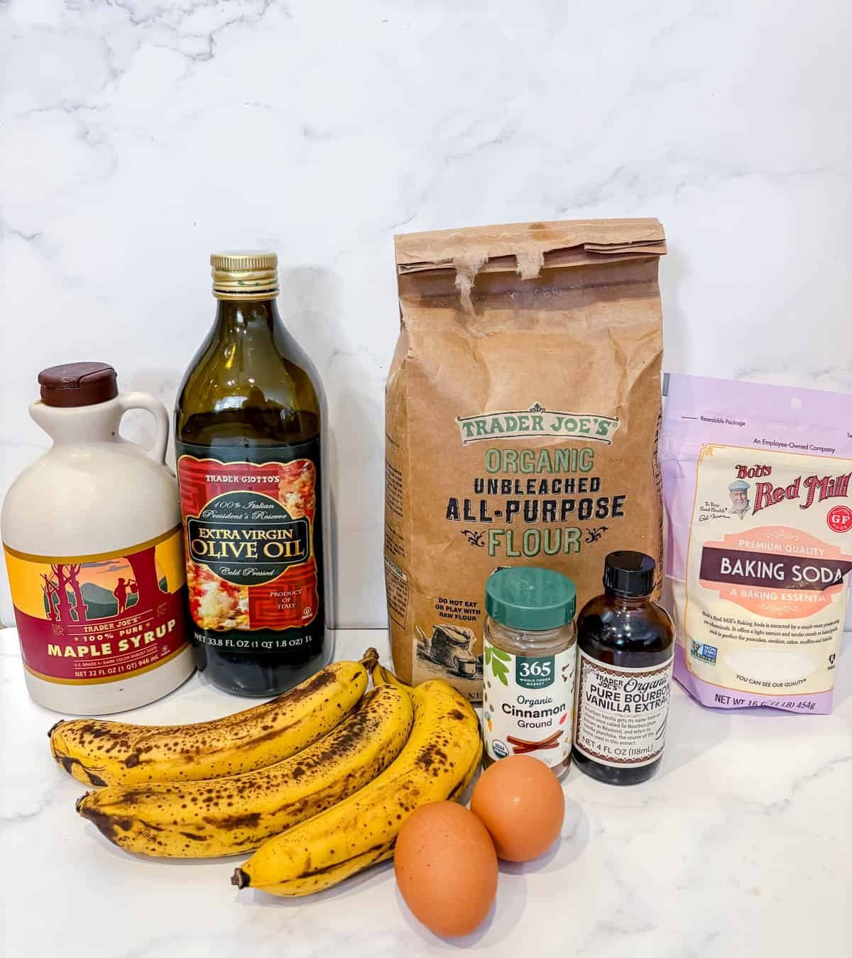 Ingredients for from-scratch maple banana bread.