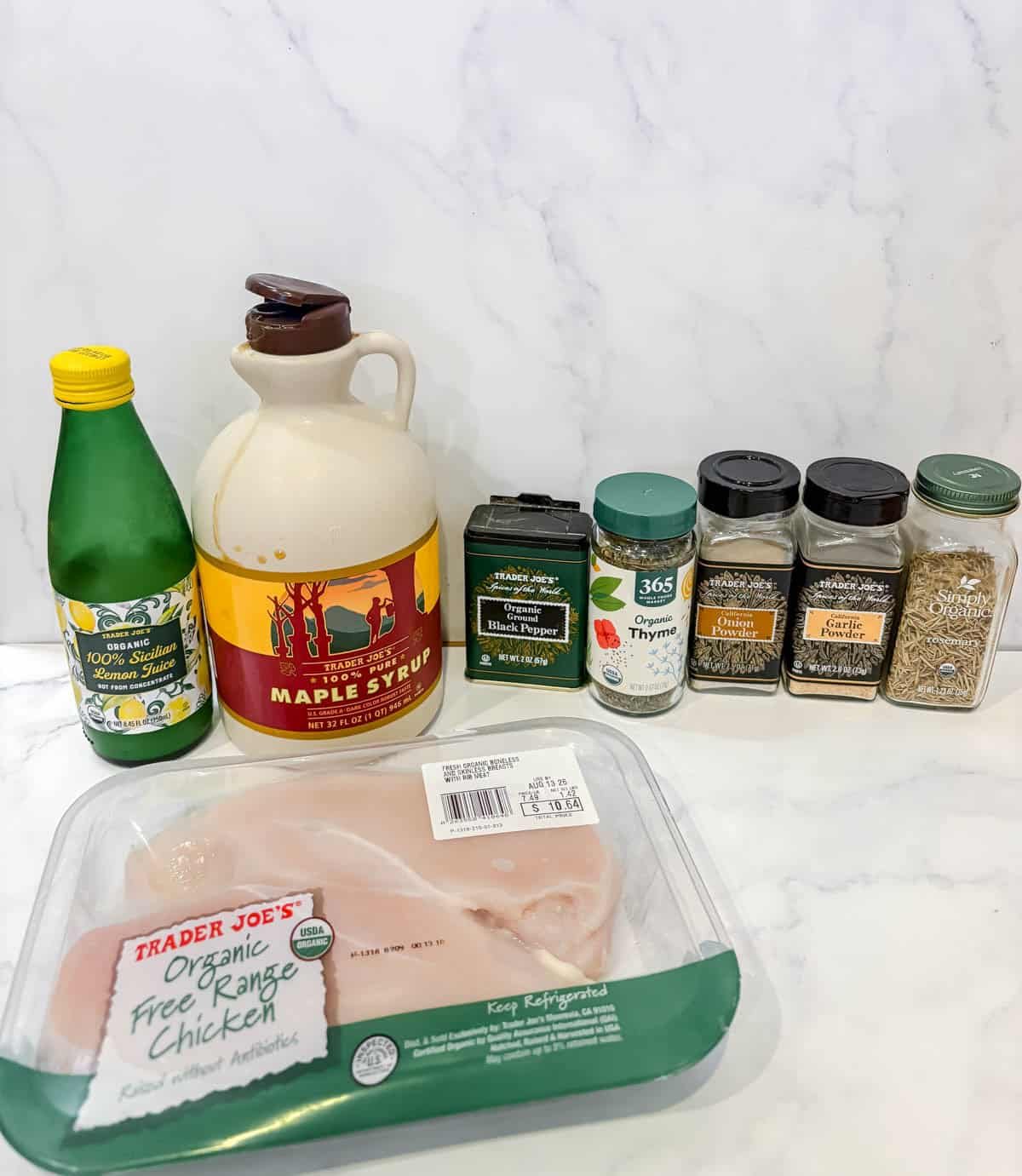 Ingredients needed to make lemon maple chicken.