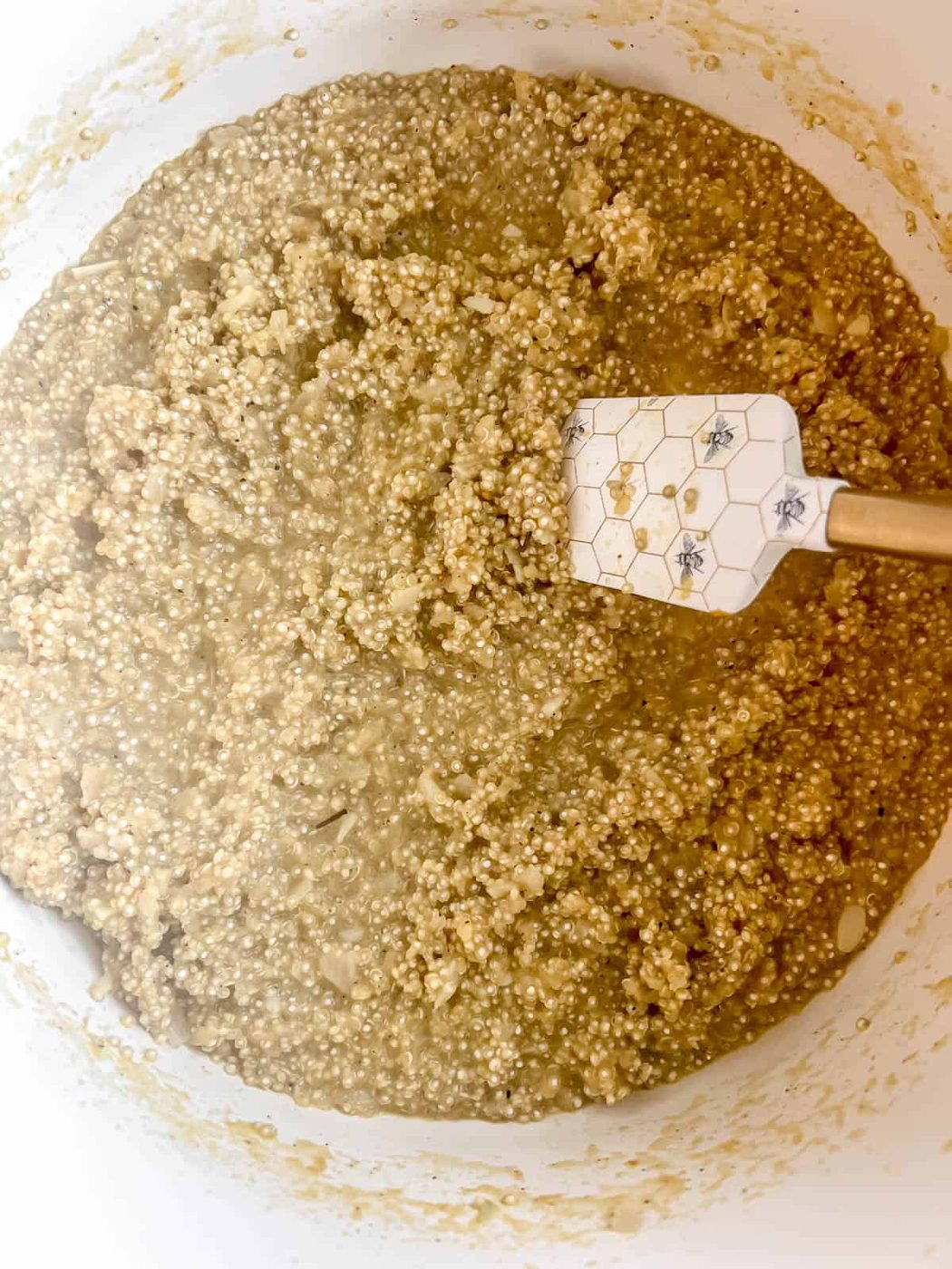 Quinoa risotto after absorbing all the chicken stock.