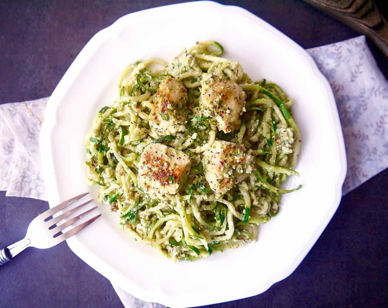 Paleo Green Pepper and Almond Pesto Zoodles & Chicken