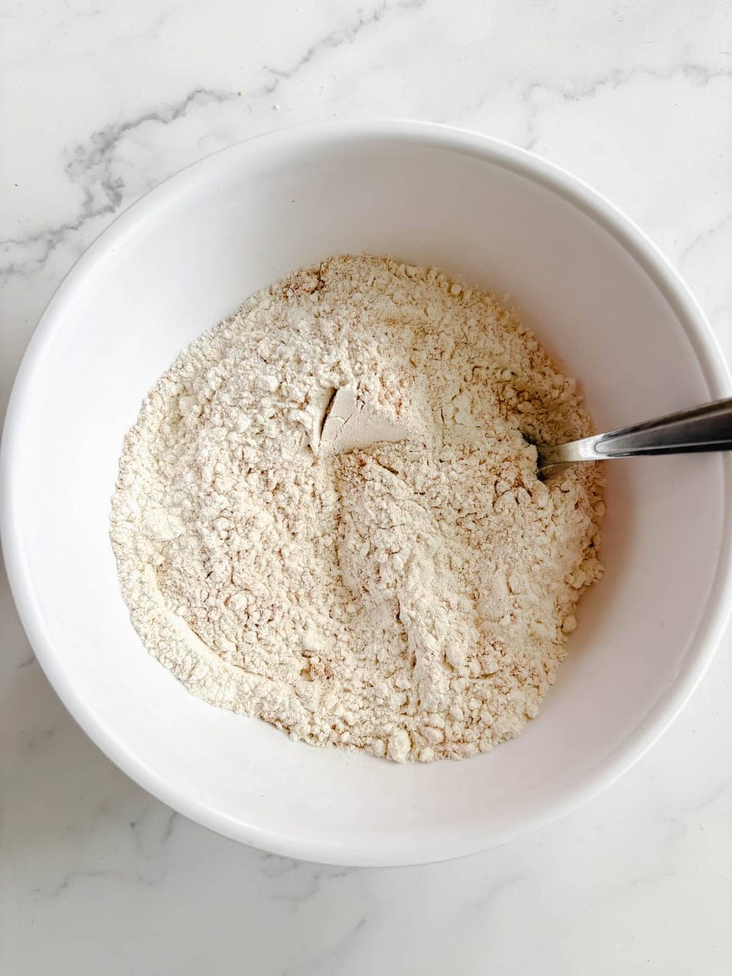 Dry ingredients for olive oil banana bread recipe.
