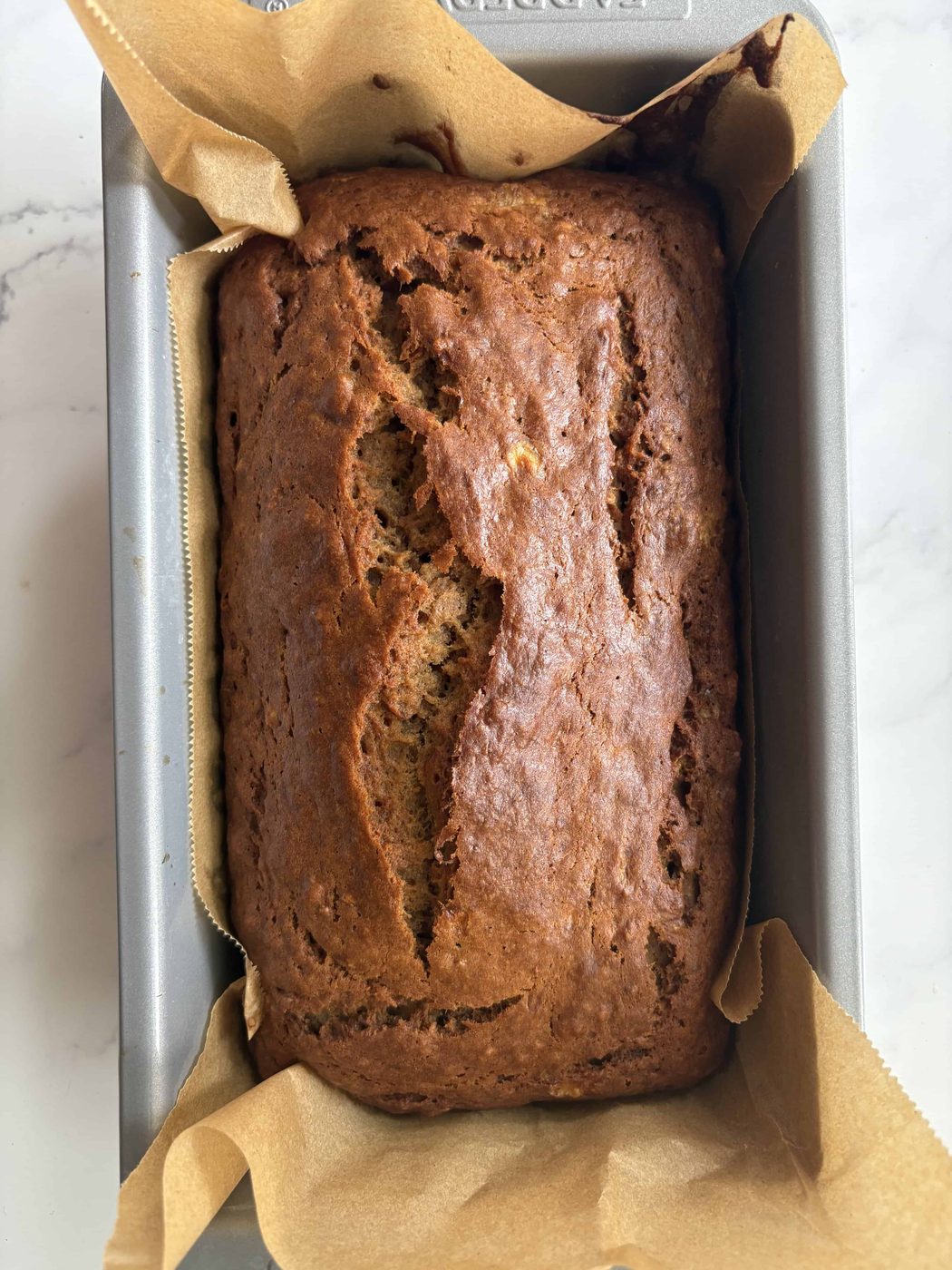 Olive oil banana bread after baking.