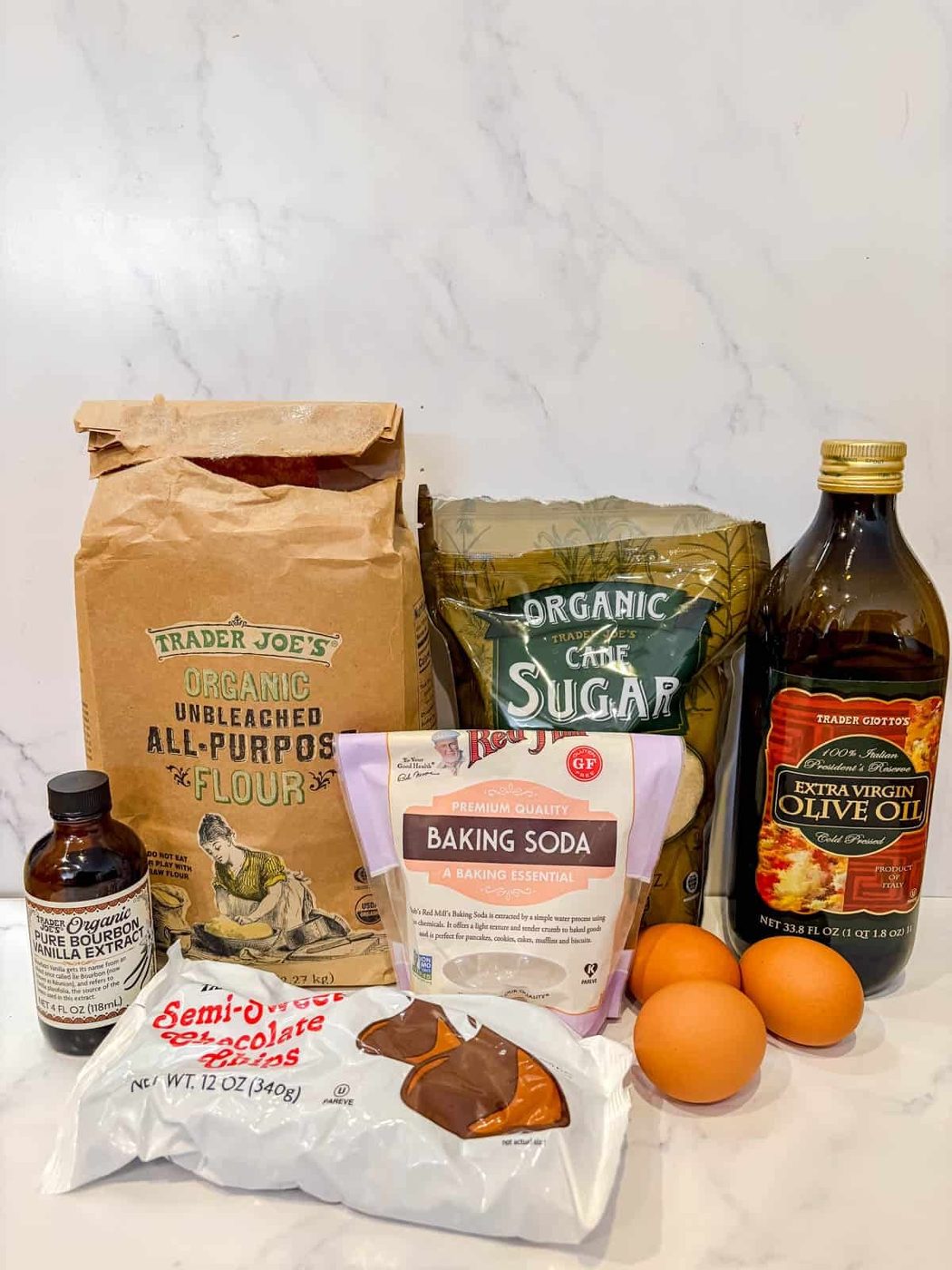 Ingredients needed to make olive oil brownies.