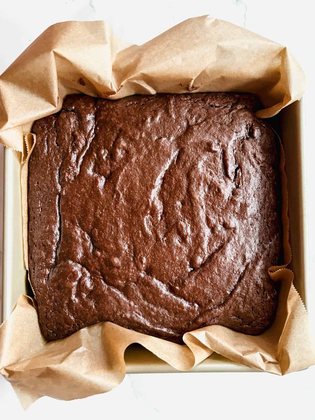 Olive oil brownies after baking.