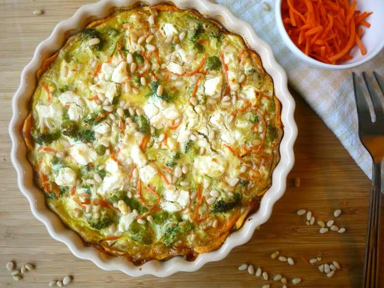 Carrot, Broccoli, Pine Nut & Goat Cheese Quiche w/ a Sweet Potato Crust (Paleo friendly, GF)