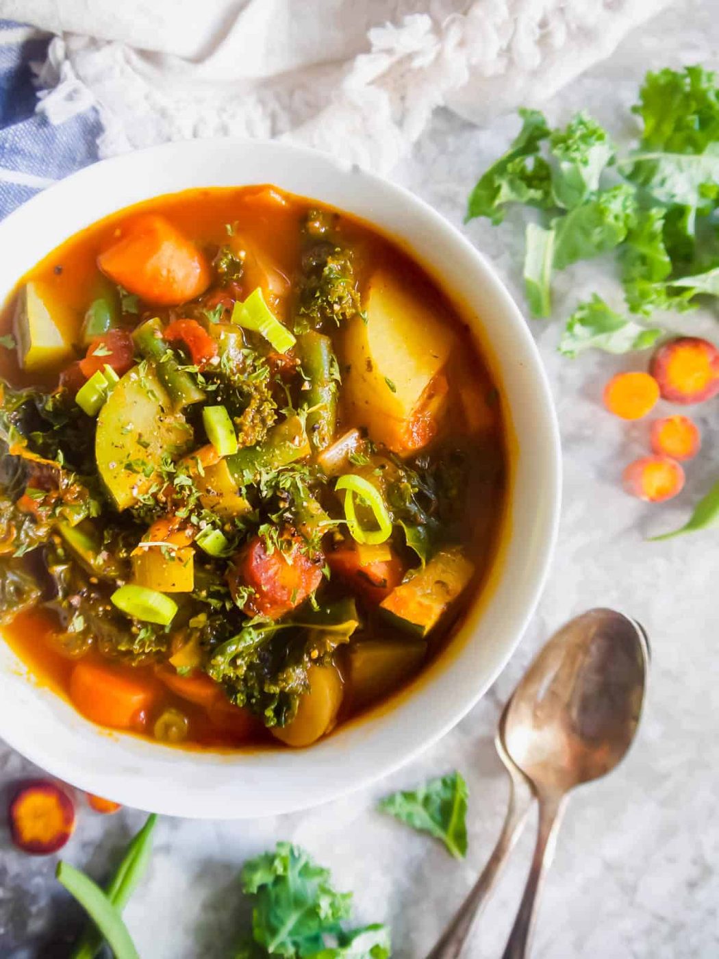 Hearty tomato vegetable soup in a bowl.