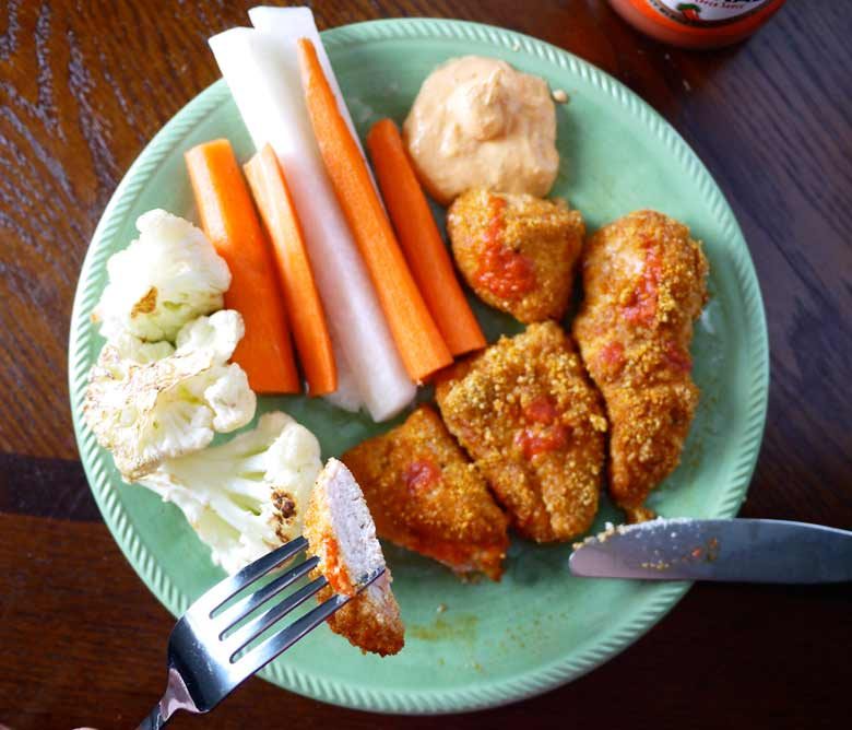 Paleo Buffalo Chicken Strips w/ Whipped Goat Cheese Dipping Sauce (GF)