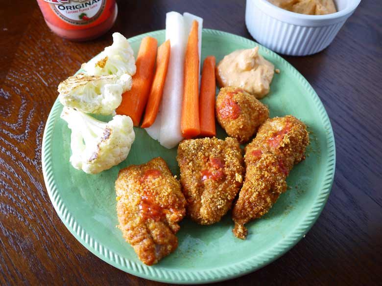 Paleo Buffalo Chicken Strips w/ Whipped Goat Cheese Dipping Sauce (GF)