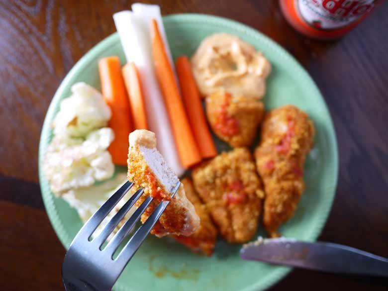 Paleo Buffalo Chicken Strips w/ Whipped Goat Cheese Dipping Sauce (GF)