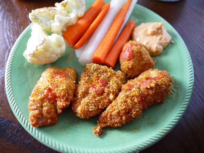 Paleo Buffalo Chicken Strips w/ Whipped Goat Cheese Dipping Sauce